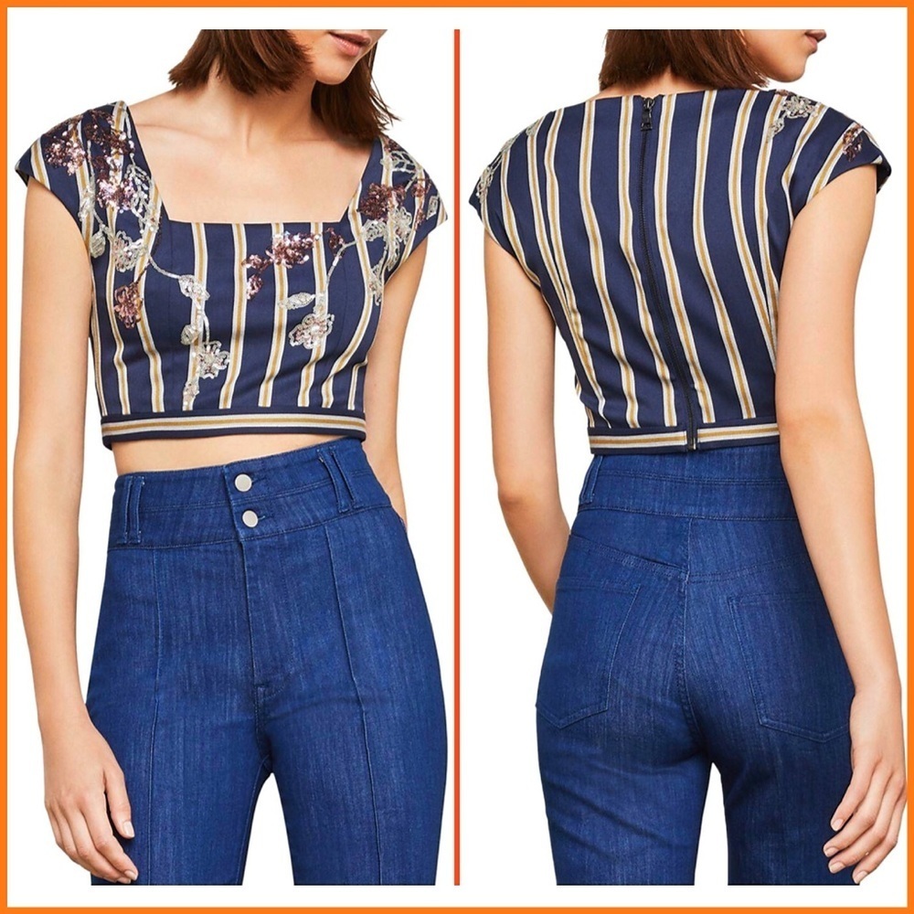 BCBGMaxAzria Blue Floral Sequin Embellished Cropped Top - Picture 3 of 12